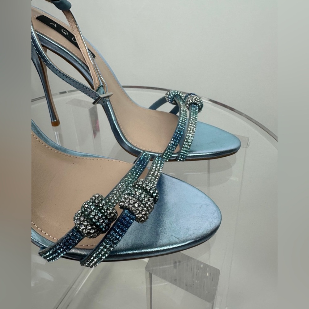 AQUA RHINESTONE STRAPY SANDAL HEELS - Picture 3 of 11